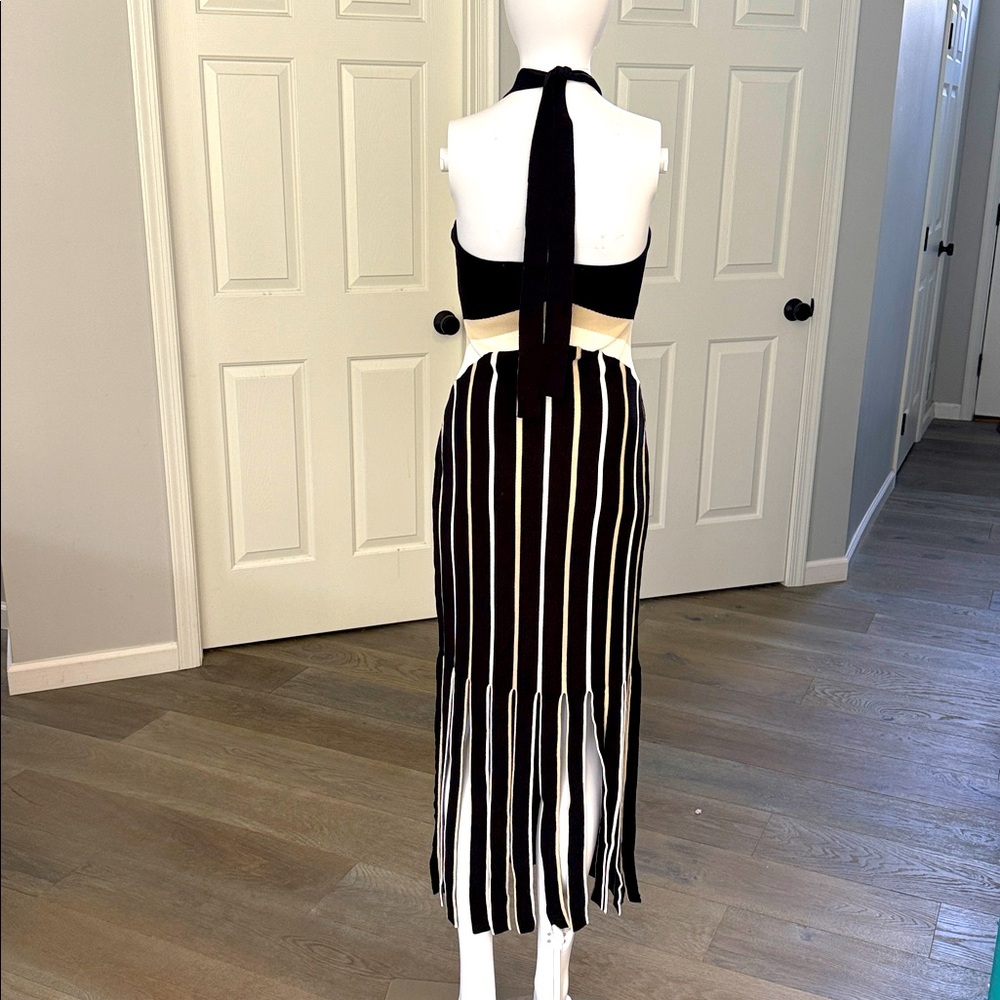 Ramy Brook Campbell Panel Fringe Black, White, Beige Stripe Knit Halter Dress XS - Picture 4 of 14